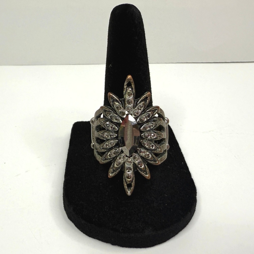 Marquise Crystal Cocktail Statement Ring Gunmetal Rhinestone Adjustable Band